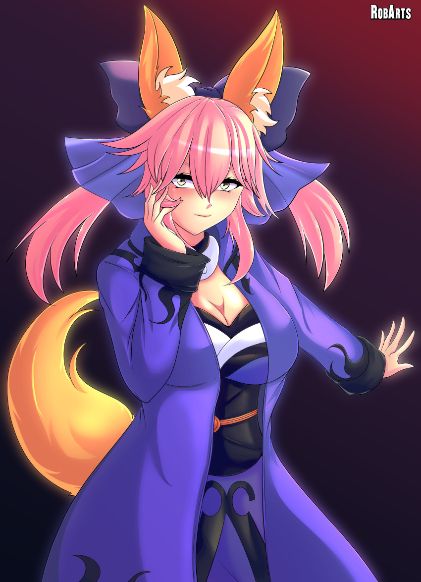 1girl absurdres animal_ear_fluff animal_ears axasempai blue_bow blue_coat blue_ribbon bow breasts cleavage coat fate/extella fate/extra fate/grand_order fate_(series) fox_ears fox_girl fox_tail hair_ribbon hand_on_own_face highres japanese_clothes large_breasts long_sleeves looking_at_viewer open_clothes open_coat pink_hair ribbon solo split_ponytail tail tamamo_(fate) tamamo_no_mae_(fate/extra) yellow_eyes