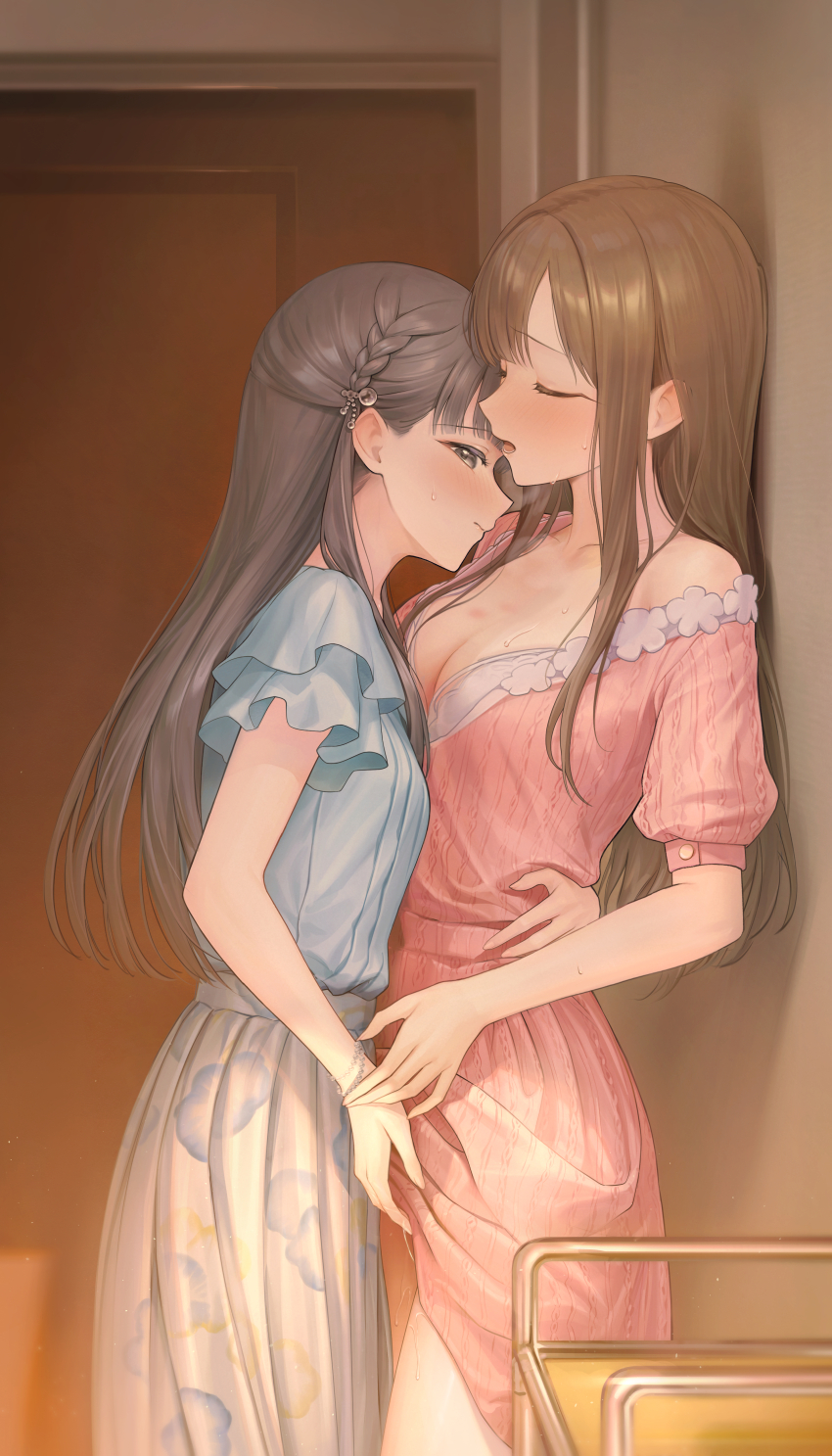 2girls absurdres blue_shirt blush bra bracelet breasts brown_hair cleavage closed_eyes closed_mouth clothes_lift commentary dress dress_lift fingering grey_eyes grey_hair hand_on_another&#039;s_waist hickey highres idolmaster idolmaster_cinderella_girls indoors jewelry kobayakawa_sae long_hair medium_breasts mizumoto_yukari multiple_girls open_clothes open_dress open_mouth pink_dress pussy_juice shirt short_sleeves skirt sweat tag_(tf18080512) underwear white_bra white_skirt yuri