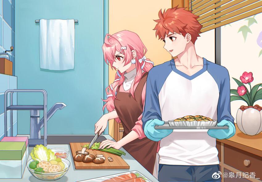 1boy 1girl alternate_universe apron blush bow breasts cabinet cooking cutting_board emiya_shirou family fate/stay_night fate_(series) fingerless_gloves gloves good_end hair_bow hair_ornament hairclip highres house igote kitchen kitchen_knife ladle long_hair long_sleeves mixing_bowl momomiya_shizuku mushroom open_mouth orange_hair original pink_eyes pink_hair raglan_sleeves red_hair refrigerator ribbon shirt sink skirt smile twintails