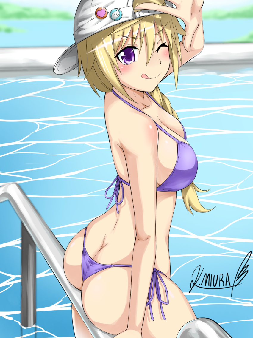 1girl :d ass baseball_cap bikini blonde_hair blush breasts butt_crack charlotte_dunois cleavage day from_behind hat highres infinite_stratos long_hair looking_at_viewer looking_back medium_breasts miura_067 one_eye_closed open_mouth ponytail purple_bikini purple_eyes shiny_skin side-tie_bikini_bottom sitting skindentation smile solo string_bikini swimsuit tongue tongue_out water