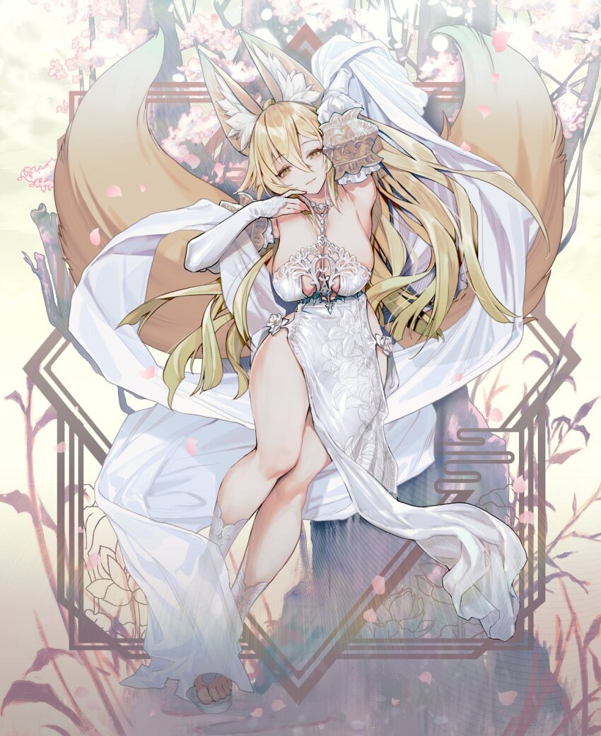 1girl animal_ear_fluff animal_ears arm_up blonde_hair blush breasts cherry_blossoms closed_mouth commission dress falling_petals fox_ears fox_girl fox_tail full_body hagoromo hair_between_eyes hand_up highres koza_game large_breasts long_hair looking_at_viewer multiple_tails original pelvic_curtain petals ponytail second-party_source shawl skeb_commission solo suirin_(tukikagerou) tail thighs white_dress yellow_eyes