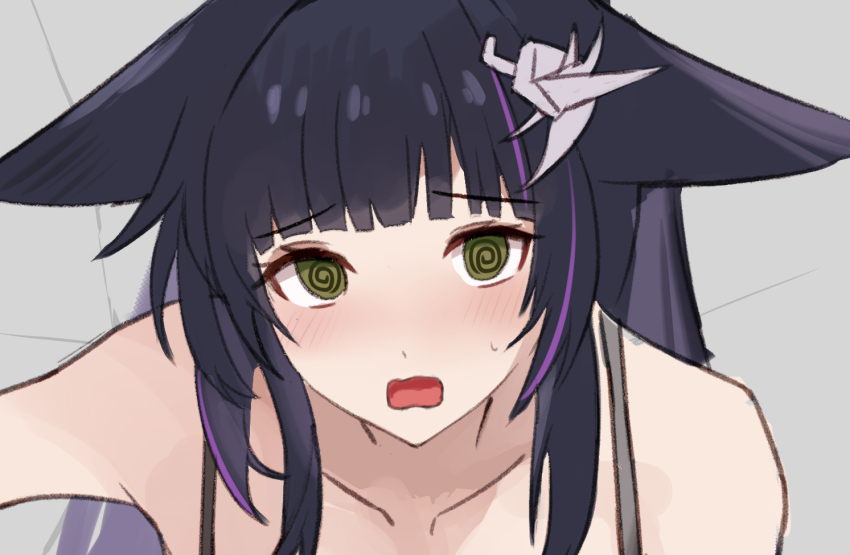 1girl @_@ arknights bare_shoulders blush collarbone commentary embarrassed jessica_(arknights) long_hair looking_at_viewer multico multicolored_hair open_mouth portrait purple_hair solo streaked_hair sweatdrop two-tone_hair