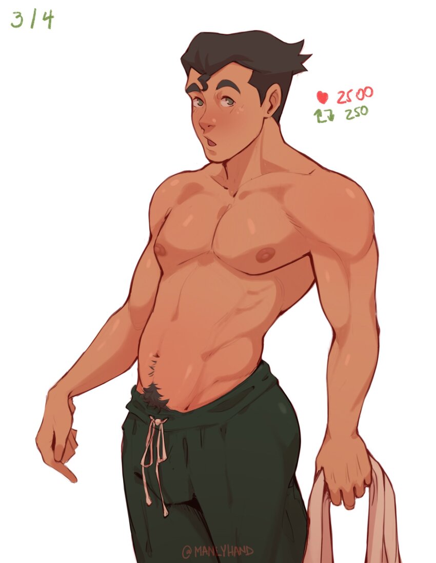 1boy avatar_legends bara black_hair blush bolin green_eyes highres looking_at_viewer male_focus manlyhand meme navel nipples nude pectorals short_hair solo the_legend_of_korra thick_eyebrows topless_male twitter_strip_game_(meme) unworn_shirt