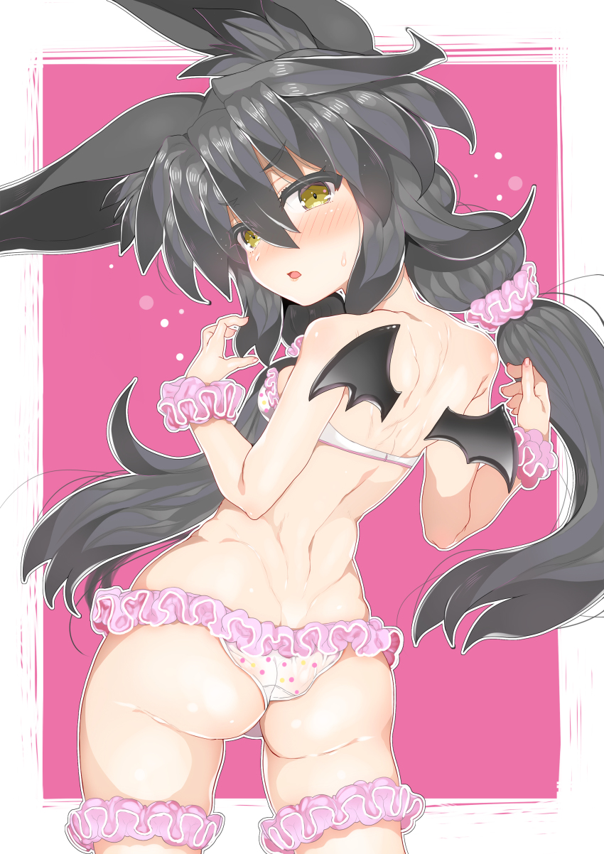 1girl absurdres animal_ears ass bare_shoulders bat_wings bikini black_hair black_wings blush breasts bridal_garter brown_eyes char commentary_request female_focus fingernails frilled_bikini frills hair_between_eyes hair_ornament hair_scrunchie head_tilt highres long_hair looking_at_viewer looking_back low_twintails medium_breasts mini_wings necro-san original parted_lips pink_scrunchie polka_dot polka_dot_bikini scrunchie solo sweat swimsuit twintails very_long_hair white_bikini wings wrist_scrunchie