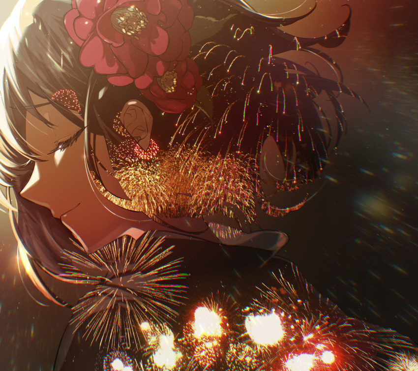 1girl absurdres aerial_fireworks blurry bob_cut closed_eyes closed_mouth commentary_request double_exposure eyelashes fireworks flower from_behind from_side highres ikanaide_(vocaloid) japanese_clothes kika kimono night night_sky original portrait profile red_flower short_hair sky smile solo vocaloid yukata