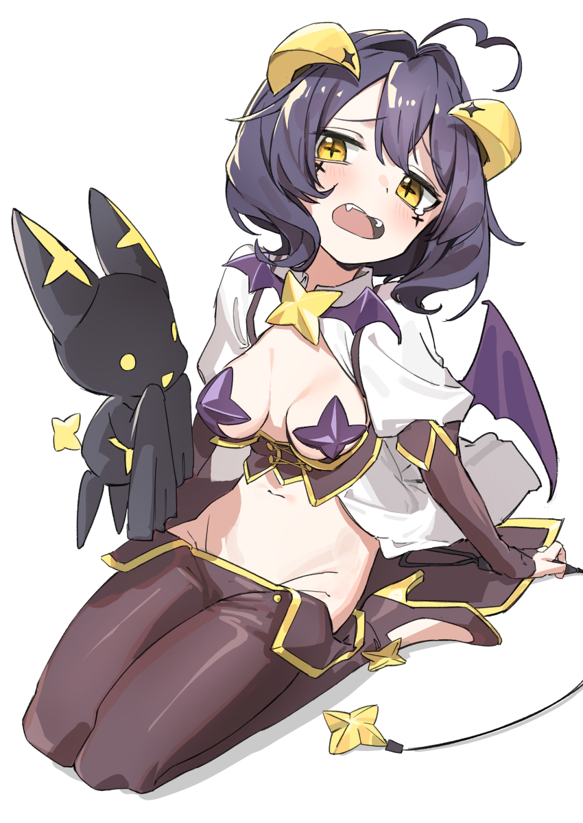 1girl absurdres ahoge arm_support black_hair breastless_clothes breasts commentary_request corset cross cross-shaped_pupils cross_facial_mark cross_pasties demon_horns demon_wings facial_mark fangs forward_facing_horns gold_trim hair_between_eyes haruyuki_(gffewuoutgblubh) highres hiiragi_utena horns long_sleeves low_wings lowleg lowleg_pants magia_baiser magical_girl mahou_shoujo_ni_akogarete medium_breasts navel open_mouth pants pasties purple_pasties revealing_clothes riding_crop short_hair showgirl_skirt shrug_(clothing) simple_background sitting sleeves_past_wrists symbol-shaped_pupils venalita white_background wings yellow_eyes yellow_horns