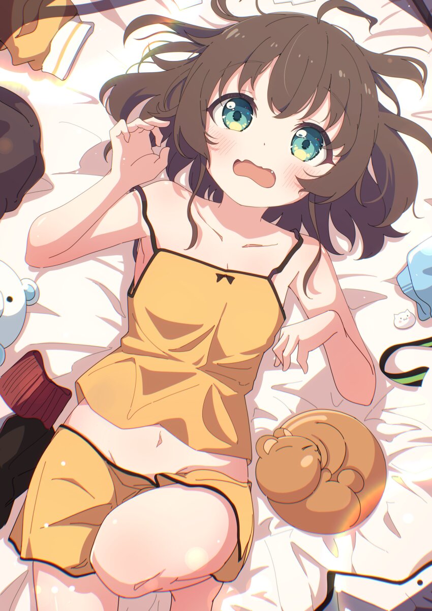 1girl absurdres ahoge animal armpits bare_arms bare_shoulders barefoot bed_sheet blue_eyes blush brown_camisole brown_hair brown_shorts camisole commentary_request fangs highres hololive knee_up looking_at_viewer lying natsuiro_matsuri okota_mikan on_back open_mouth revision short_shorts shorts solo squirrel virtual_youtuber wavy_mouth