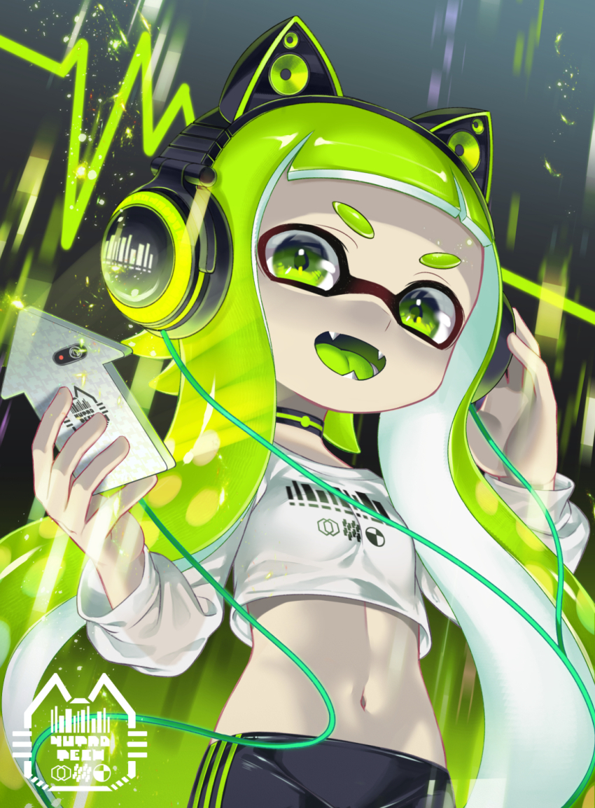 1girl animal_ear_headphones animal_ears bike_shorts black_choker black_shorts breasts cat_ear_headphones choker colored_tongue commentary_request covered_groin crop_top fake_animal_ears fangs green_eyes green_hair green_tongue grey_background hand_on_headphones headphones highres holding holding_phone inkling inkling_girl inkling_player_character iria_(yumeirokingyo) long_hair long_sleeves looking_at_viewer midriff navel nintendo open_mouth phone shirt shorts small_breasts smile solo splatoon_(series) tentacle_hair twintails very_long_hair white_shirt