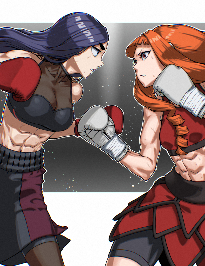 2girls abs boxing boxing_gloves boxing_shorts breasts crop_top eye_contact gloves highres imminent_fight long_hair looking_at_another medium_breasts multiple_girls muscular muscular_female original pantyhose purple_hair red_eyes red_gloves red_hair rggr ringlets shorts simple_background sleeveless sweat white_gloves