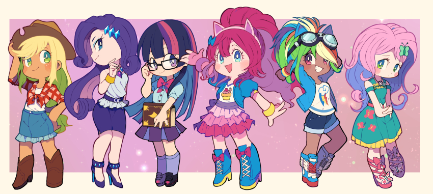 6+girls animal_ears applejack applejack_(bishoujo) arms_behind_head blonde_hair blue_bow blue_eyes blue_footwear boots bow bracelet bright_pupils brown_footwear chibi commentary cowboy_hat cropped_jacket dark-skinned_female dark_skin denim denim_skirt diamond_hair_ornament dress english_commentary fake_animal_ears fluttershy fluttershy_(bishoujo) frilled_skirt frills glasses goggles goggles_on_head green_dress green_eyes hair_bow hat high_heels high_tops highres horse_ears jewelry kotobukiya_bishoujo long_hair looking_at_viewer miyata_(lhr) multicolored_hair multiple_girls my_little_pony my_little_pony:_friendship_is_magic pencil_skirt personification pink_bow pink_hair pink_skirt pinkie_pie pinkie_pie_(bishoujo) pleated_skirt puffy_short_sleeves puffy_sleeves purple_eyes purple_footwear purple_skirt rainbow_dash rainbow_dash_(bishoujo) rarity_(bishoujo)_(my_little_pony) rarity_(my_little_pony) shirt shoes short_sleeves shorts shy skirt smile sneakers socks streaked_hair tan tied_shirt tomboy twilight_sparkle twilight_sparkle_(human)