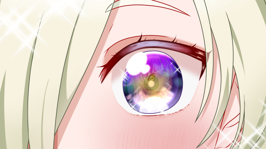 2girls blonde_hair blunt_bangs blush commentary_request eye_focus eye_reflection highres looking_at_viewer love_live! love_live!_nijigasaki_high_school_idol_club medium_hair mia_taylor multiple_girls parted_lips pink_hair purple_eyes reflection sparkle tanutika tennoji_rina upper_body yellow_eyes