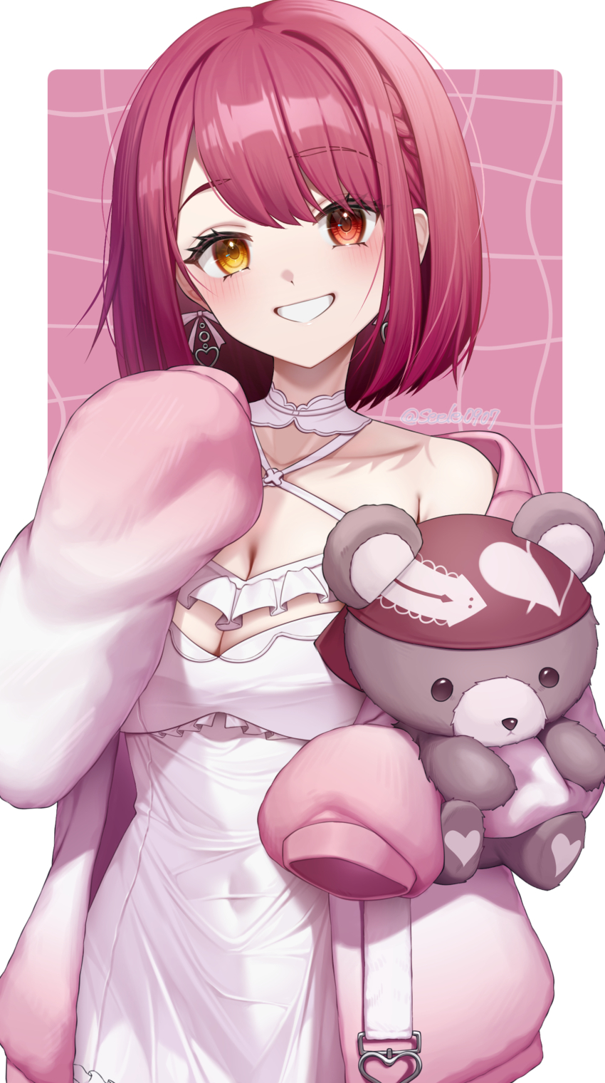 1girl :d absurdres bare_shoulders blush braid breasts cleavage collarbone covered_navel dress earrings frilled_dress frills grin halter_dress halterneck heart heart_earrings heterochromia highres holding holding_stuffed_toy hololive houshou_marine jacket jewelry large_breasts long_sleeves looking_at_viewer open_clothes open_jacket open_mouth parted_lips pink_hair pink_jacket pink_ribbon red_eyes ribbon seele0907 short_hair signature sleeves_past_fingers sleeves_past_wrists smile socks solo stuffed_animal stuffed_toy teddy_bear twitter_username upper_body virtual_youtuber white_socks yellow_eyes