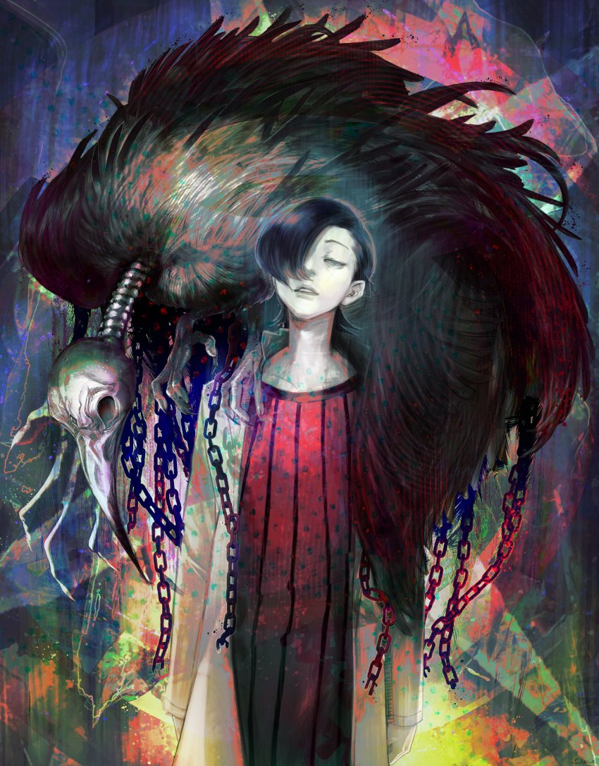 absurdres ammenite animal animal_on_shoulder animal_skull beak bird_skull black_coat black_hair chain choujin_x coat colorful fur_coat hair_over_one_eye half-closed_eyes highres kurohara_tokio_(choujin_x) looking_at_viewer shirt short_hair skeleton skull solo_focus striped_clothes striped_shirt white_coat