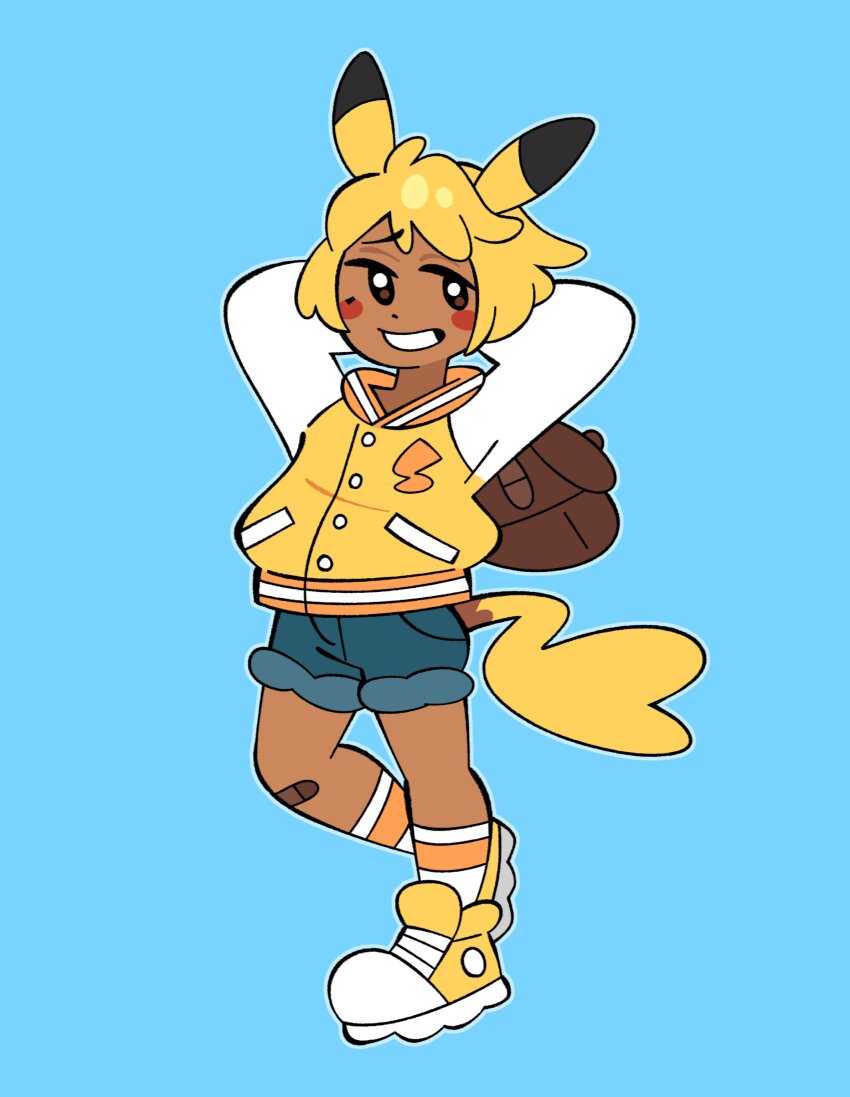 1girl absurdres animal_ears ankle_socks arms_behind_head arms_up bandaid bandaid_on_knee bandaid_on_leg baseball_glove billspooks blonde_hair blush creatures_(company) dark-skinned_female dark_skin denim denim_shorts game_freak gen_1_pokemon gloves grin hands_up heart heart_tail highres humanization jacket letterman_jacket lightning_bolt_symbol nintendo open_mouth personification pikachu pikachu_ears pikachu_tail pokemon pokemon_(creature) animal_ears pokemon_tail shoes short_hair shorts simple_background smile smug sneakers socks solo standing standing_on_one_leg tail tomboy yellow_footwear yellow_jacket