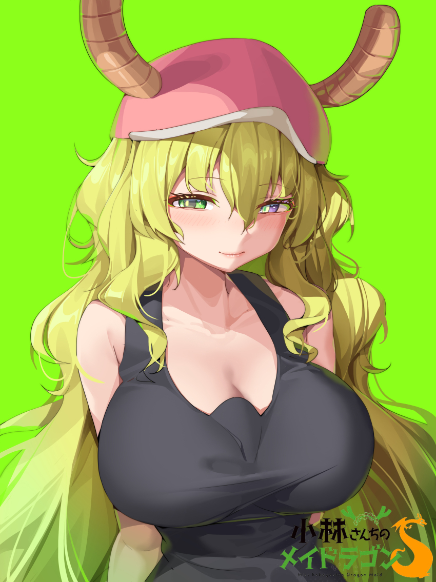 1girl absurdres aiza-ku baseball_cap black_tank_top blonde_hair blue_eyes blush breasts dragon_girl dragon_horns gradient_hair green_hair hat heterochromia highres horns horns_through_headwear huge_breasts kobayashi-san_chi_no_maidragon long_hair looking_at_viewer lucoa_(maidragon) multicolored_hair pink_hat smile solo tank_top unusually_open_eyes upper_body yellow_pupils