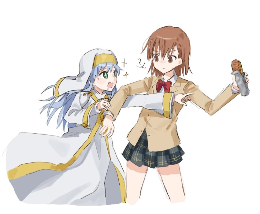 +_+ 2girls ? blazer bow bowtie brown_eyes brown_hair brown_jacket collared_shirt commentary_request food green_eyes grey_hair grey_skirt hair_ornament hairpin holding holding_food index_(toaru_majutsu_no_index) jacket long_hair long_sleeves looking_at_another misaka_mikoto multiple_girls nun nyangpa_1223 plaid_clothes plaid_skirt red_bow red_bowtie robe safety_pin school_uniform shirt short_hair skirt toaru_kagaku_no_railgun toaru_majutsu_no_index tokiwadai_school_uniform white_background white_robe white_shirt winter_uniform