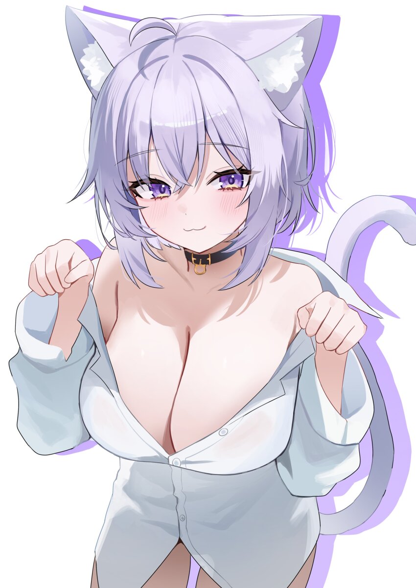 1girl :3 absurdres ahoge animal_ears black_choker blush breasts cat_ears cat_girl cat_tail choker cleavage closed_mouth collarbone commentary highres hololive large_breasts long_sleeves looking_at_viewer medium_hair nannung nekomata_okayu paw_pose shirt simple_background smile solo tail thighs virtual_youtuber white_background white_shirt