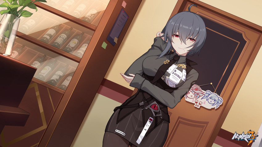 1girl ahoge black_necktie black_pantyhose black_skirt breasts bronya_zaychik bronya_zaychik_(haxxor_bunny) copyright_name cup door drinking_glass glass grey_hair hair_between_eyes hand_up highres honkai_(series) honkai_impact_3rd indoors logo long_sleeves mole mole_under_mouth necktie official_art pantyhose plant purple_eyes raven_(honkai_impact) second-party_source skirt smile wine_glass