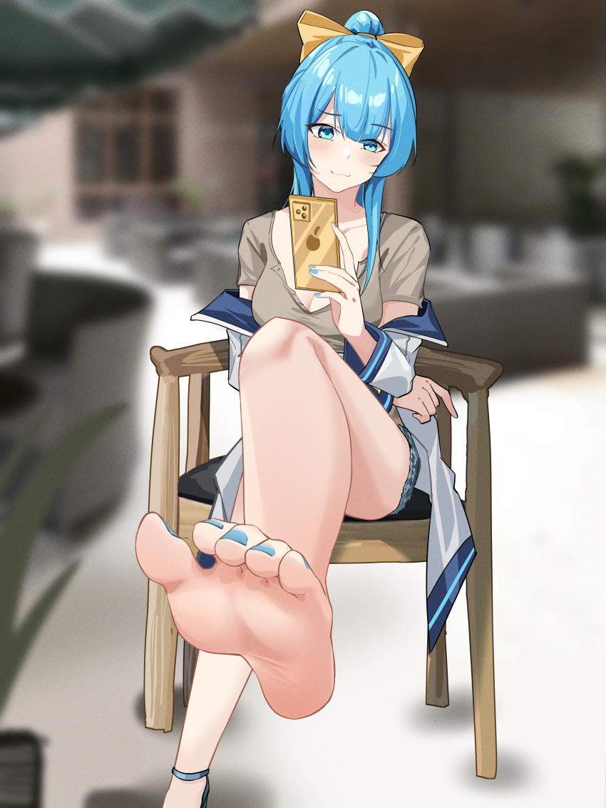 1girl absurdres barefoot blue_eyes blue_hair blue_nails blush cellphone feet foot_focus highres long_hair looking_at_viewer nail_polish nanase_young phone ponytail shirt short_shorts shorts sitting smartphone smile soles t-shirt toenail_polish toenails toes