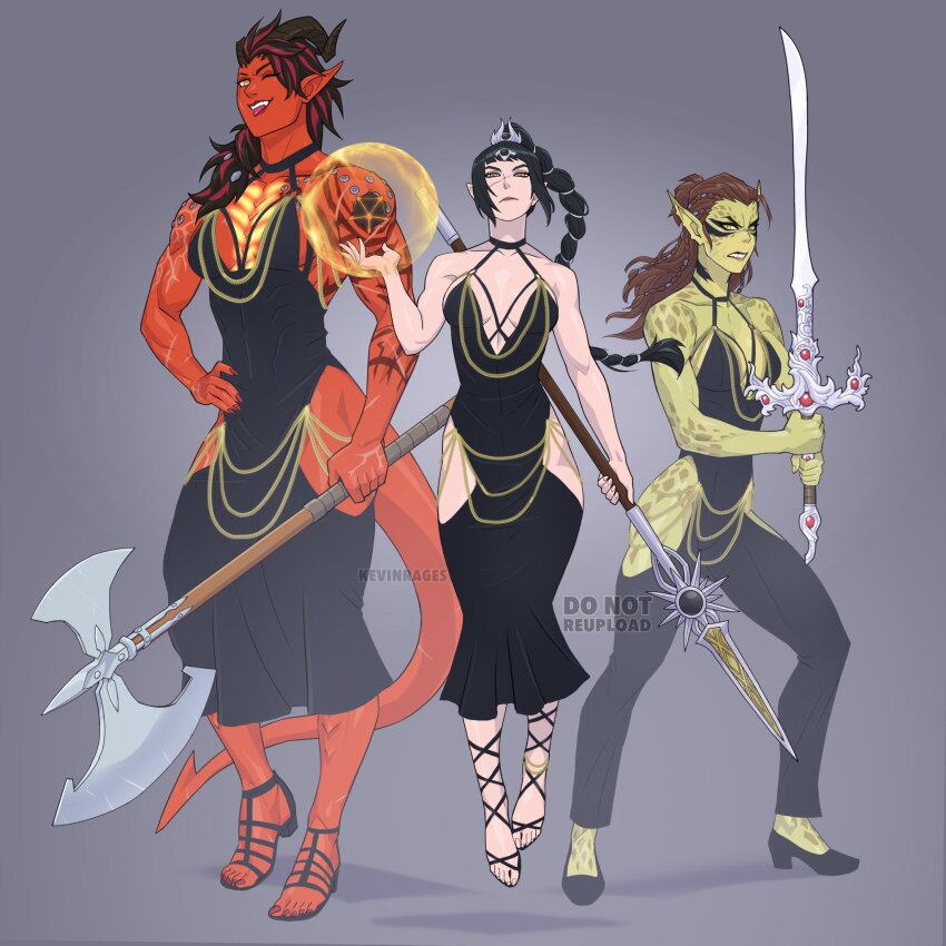 3girls baldur&#039;s_gate baldur&#039;s_gate_3 black_dress black_footwear black_hair black_horns broken_horn brown_hair colored_skin dress dungeons_&amp;_dragons dungeons_&amp;_dragons gith_(d&amp;d) green_skin grey_background halberd hand_on_own_hip highres hip_vent holding holding_polearm holding_sword holding_weapon horns karlach kevin_raganit lae&#039;zel magic meme_attire modakawa_dress multicolored_hair multiple_girls one_eye_closed pointy_ears polearm ponytail red_hair red_skin shadowheart_(baldur&#039;s_gate) sleeveless sleeveless_dress spear sword tiefling two-tone_hair weapon