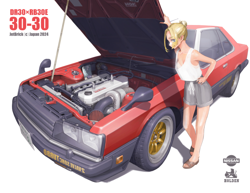 1girl 2024 arm_up artist_name blonde_hair breasts car cleavage closed_mouth commentary_request engine grey_shorts hair_bun hand_on_own_hip jettoburikku license_plate motor_vehicle nissan nissan_skyline open_car_hood original red_car shorts simple_background single_hair_bun sleeveless smile solo standing tank_top vehicle_focus vehicle_request watermark white_background white_tank_top