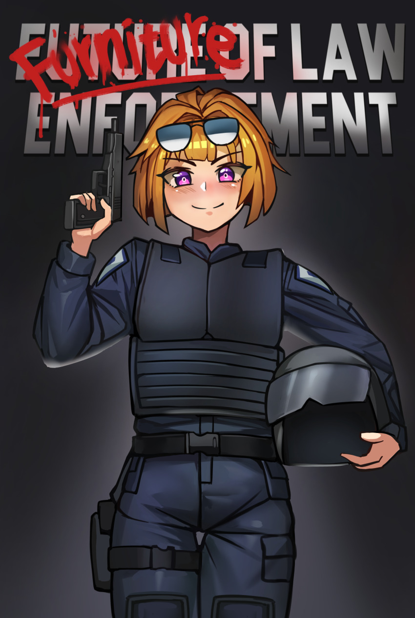 1girl absurdres buckle bulletproof_vest chance8000 commission commissioner_upload english_text eyewear_on_head girls&#039;_frontline grizzly_mkv_(girls&#039;_frontline) gun handgun helmet highres holding holding_helmet holster lar_grizzly_win_mag non-web_source orange_hair police police_uniform purple_eyes robocop smile snap-fit_buckle spray_paint sunglasses thigh_holster weapon