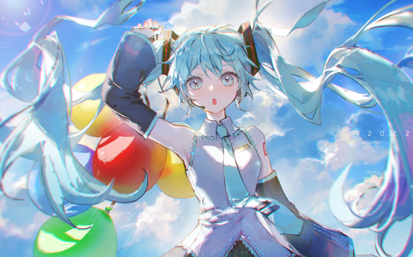 1girl absurdres arm_up armpits balloon bare_shoulders black_skirt black_sleeves blue_eyes blue_hair blue_necktie blue_sky cloud cloudy_sky collared_shirt commentary_request day detached_sleeves hatsune_miku highres long_hair long_sleeves looking_at_viewer necktie outdoors parted_lips shirt skirt sky sleeveless sleeveless_shirt sleeves_past_wrists solo tie_clip twintails very_long_hair vocaloid white_shirt wide_sleeves yeej_chan