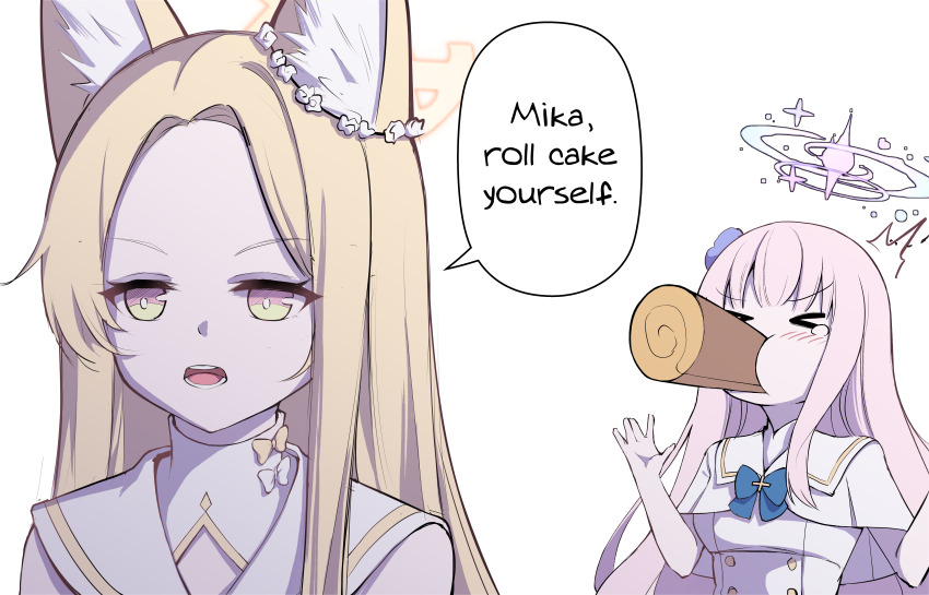 &gt;_&lt; 2girls absurdres animal_ear_fluff animal_ears aura_bullying_(meme) blonde_hair blue_archive cake clover_dot_(clov_erd) commentary english_commentary english_text food food_in_mouth fox_ears fox_girl green_eyes halo highres long_hair meme mika_(blue_archive) multiple_girls open_mouth parody pink_hair pink_halo red_eyes scene_reference seia_(blue_archive) simple_background sousou_no_frieren speech_bubble swiss_roll tanezaki_atsumi two-tone_eyes voice_actor_connection white_background yellow_halo