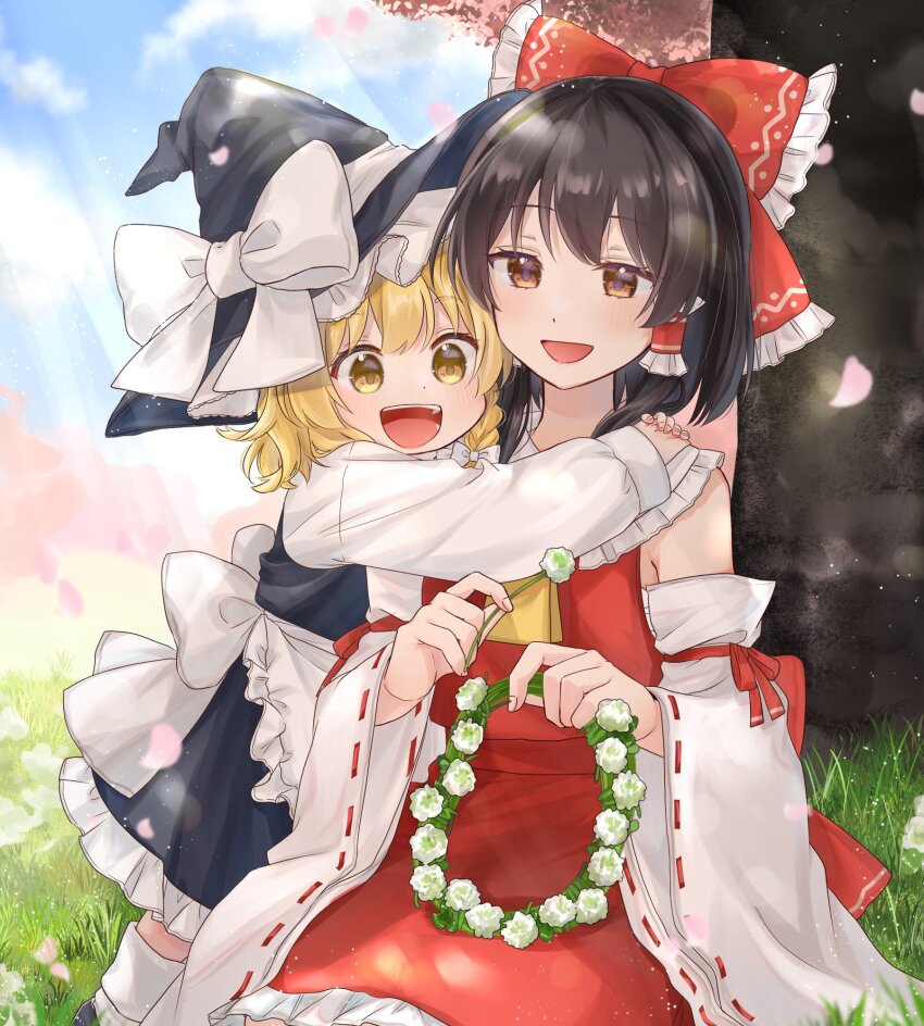 2girls apron black_dress blonde_hair bow brown_eyes brown_hair detached_sleeves dress falling_petals grass hakurei_reimu highres hug kirisame_marisa multiple_girls nontraditional_miko petals red_bow red_dress reimu_tyuki shirt smile touhou tree white_apron white_shirt yellow_eyes