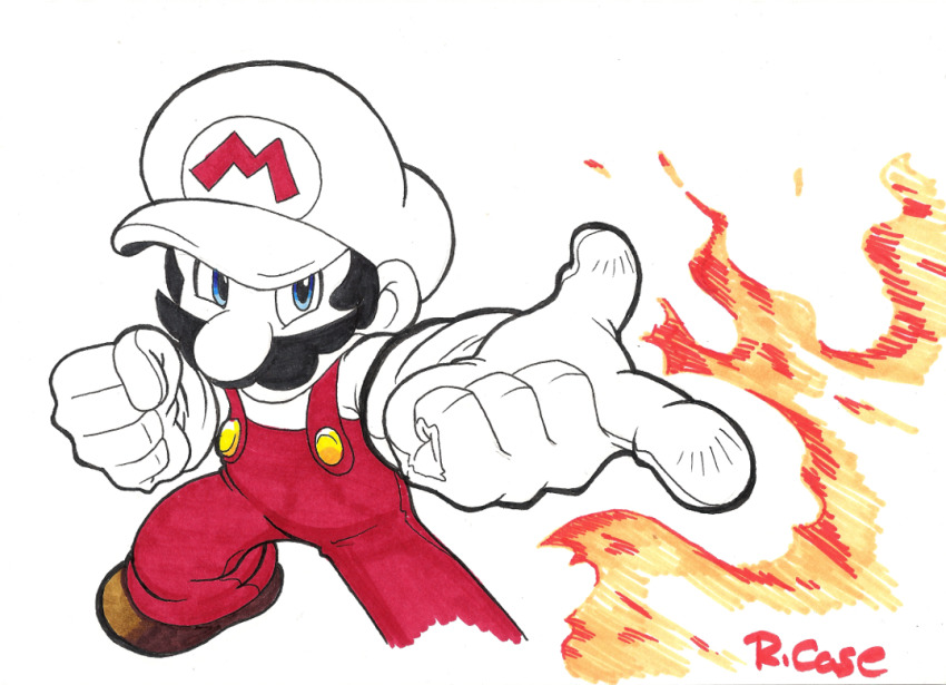 1boy brown_hair facial_hair fire fire_mario fireball gloves hat mario mario_(series) mustache nintendo overalls rcasedrawsstuff serious super_mario_bros._1