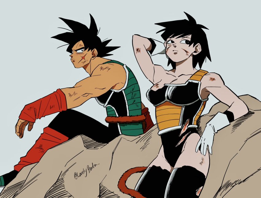 1boy 1girl adam&#039;s_apple after_battle arm_at_side arm_behind_head arm_rest arm_support arm_up arm_warmers armor armpits bardock bare_arms black_eyes black_footwear black_hair black_leggings black_leotard black_thighhighs breasts broken_armor bruise bruise_on_arm bruise_on_shoulder cleavage closed_mouth collarbone cuts dark-skinned_male dark_skin dragon_ball dragon_ball_minus elbow_on_knee elbow_rest eyelashes facial_scar facing_viewer gine gloves grey_background groin head_back highres injury leaning_back leg_warmers leggings legs_together leotard looking_at_another lovelybada medium_breasts monkey_tail muscular muscular_male on_rock parted_bangs pointy_footwear profile red_arm_warmers red_leg_warmers rock saiyan_armor scar scar_on_cheek scar_on_face scratches serious shoes short_hair sideways_glance simple_background sitting spiked_hair tail tail_around_waist thighhighs thighs torn_clothes torn_leotard torn_thighhighs twitter_username white_gloves