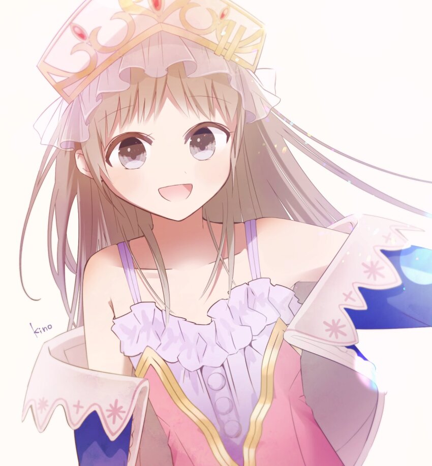 1girl :d atelier_(series) atelier_totori bare_shoulders blue_jacket brown_eyes brown_hair commentary_request flat_chest hat highres jacket kino_te long_hair long_sleeves looking_at_viewer off_shoulder open_mouth pink_shirt shirt simple_background smile solo totooria_helmold upper_body white_hat