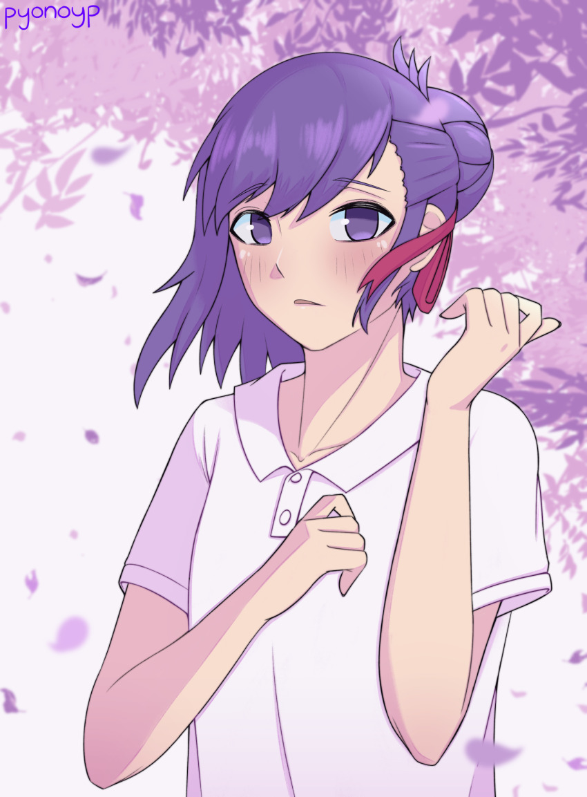 1boy artist_name asymmetrical_hair blush commentary d0gduk english_commentary facing_viewer falling_leaves falling_petals fate/stay_night fate_(series) flower genderswap genderswap_(ftm) hair_between_eyes hair_bun hair_ribbon highres leaf looking_at_viewer matou_sakura medium_hair no_pupils petals purple_eyes purple_flower purple_leaves purple_petals red_ribbon ribbon shirt short_hair solo upper_body white_background white_shirt