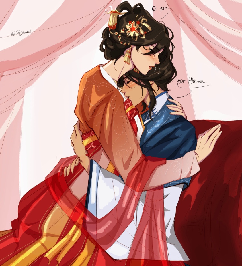 2girls black_hair blue_hanfu blush chinese_clothes commentary curtains earrings english_commentary english_text hair_ornament hair_rings hair_stick hanfu highres hug jewelry jing_wei_qing_shang multiple_girls nangong_jingnu orange_hanfu parted_lips qiyan_agula quad_hair_rings seijousai sitting sitting_on_person twitter_username wide_sleeves yuri