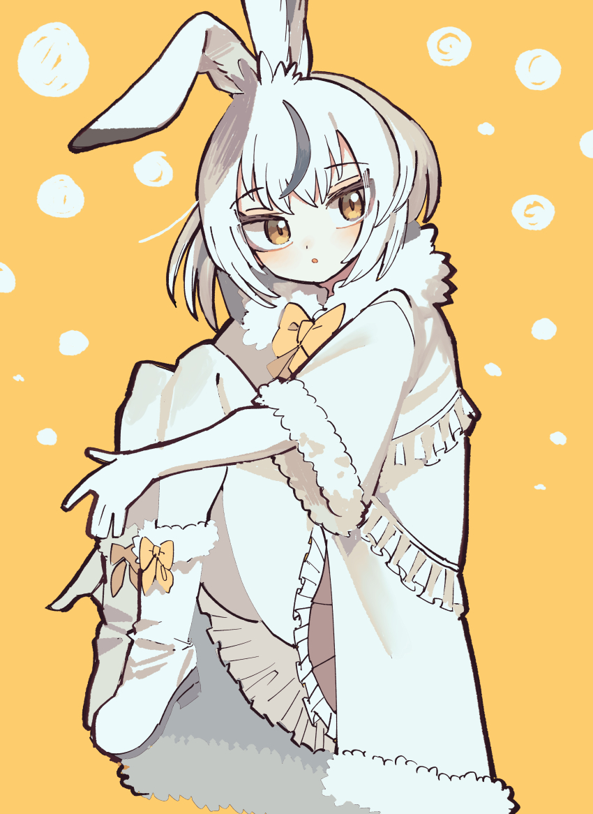 1girl :o absurdres animal_ears blush boots bow bowtie capelet coat elbow_gloves ezo_mountain_hare_(kemono_friends) footwear_bow frilled_capelet frilled_coat frilled_skirt frills fur_collar fur_trim gloves grey_hair grey_skirt hair_between_eyes highres kanmoku-san kemono_friends knees_to_chest multicolored_hair pantyhose pleated_skirt rabbit_ears rabbit_girl short_hair short_sleeves sidelocks skirt solo two-tone_hair white_capelet white_coat white_footwear white_fur white_gloves white_hair white_pantyhose yellow_background yellow_bow yellow_bowtie yellow_eyes