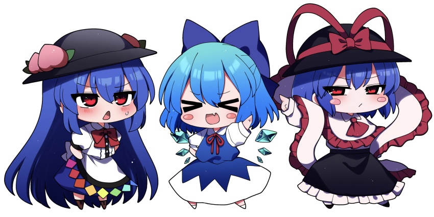 &gt;_&lt; 3girls :d apron ascot black_footwear black_hat black_skirt blue_bow blue_dress blue_hair blue_skirt blush blush_stickers bow bowtie brown_footwear center_frills chibi chibi_only cirno collared_shirt commentary_request dress fang frilled_shawl frilled_skirt frills full_body hair_bow hand_up hat hat_bow hat_ornament highres hinanawi_tenshi ice ice_wings leaf_hat_ornament long_hair multiple_girls nagae_iku neck_ribbon open_mouth outstretched_arm peach_hat_ornament pointing red_ascot red_bow red_bowtie red_eyes red_ribbon ribbon shawl shirt shoes short_hair short_sleeves simple_background skin_fang skirt smile standing sweatdrop touhou waist_apron white_apron white_background white_footwear white_shirt wings xd you_(noanoamoemoe)