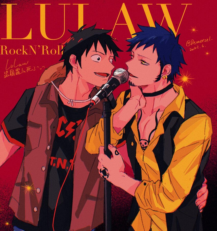 2boys ac/dc black_hair black_vest chest_tattoo choker commentary_request couple demorzel earrings english_text facial_hair goatee hand_on_another&#039;s_waist hand_tattoo hat highres jewelry looking_at_another male_focus microphone microphone_stand monkey_d._luffy multiple_boys music one_piece red_background shirt short_hair short_sleeves sideburns singing smile standing straw_hat tattoo trafalgar_law twitter_username vest yaoi yellow_eyes yellow_shirt