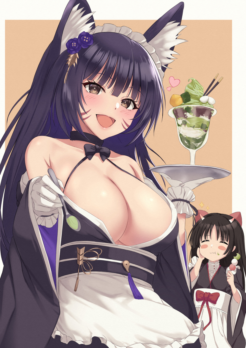 2girls animal_ear_fluff animal_ears apron azur_lane black_kimono bow breasts brown_hair cleavage commentary_request facial_mark flower fox_ears frilled_gloves frilled_hairband frills gloves hair_bow hairband heart highres holding holding_spoon holding_tray itaba_atsushi japanese_clothes kimono kimono_skirt large_breasts long_hair long_sleeves looking_at_viewer maid maid_headdress multiple_girls musashi_(azur_lane) musashi_(violet_moonglow)_(azur_lane) official_alternate_costume open_mouth parfait purple_flower purple_hair sakawa_(azur_lane) sakawa_(the_colors_of_love)_(azur_lane) spoon tray wa_maid whisker_markings white_apron white_gloves wide_sleeves yellow_eyes