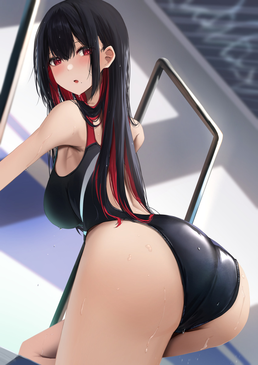 1girl :o absurdres amane_sora ass black_hair black_one-piece_swimsuit blush breasts colored_inner_hair competition_swimsuit heart heart-shaped_pupils highres large_breasts long_hair looking_at_viewer looking_back multicolored_hair one-piece_swimsuit open_mouth original red_eyes red_hair solo swimsuit symbol-shaped_pupils wet