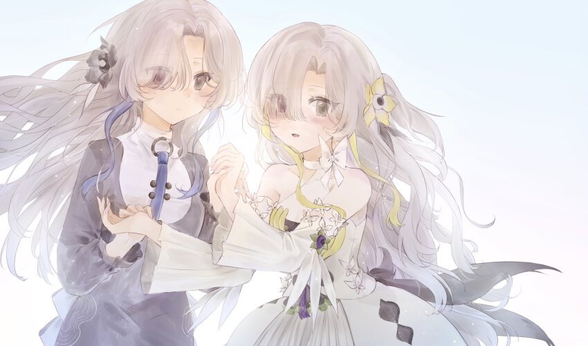 2girls bare_shoulders black_jacket blonde_hair blue_hair blush dress dual_persona eyes_visible_through_hair flower grey_eyes grey_hair hair_flower hair_ornament hair_over_one_eye heterochromia highres holding_hands isekaijoucho jacket kamitsubaki_studio looking_at_viewer multicolored_hair multiple_girls parted_lips red_eyes shouyuuchahan smile two-tone_hair