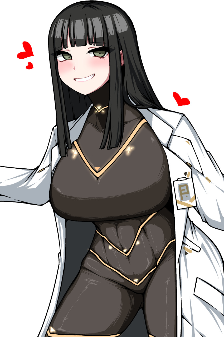 :p absurdres artist_request black_hair bodysuit breasts cesara_(project_moon) green_eyes heart highres hime_cut hyun_ha-ryeong lab_coat large_breasts limbus_company narrow_waist project_moon skin_tight thick_thighs thighs tongue tongue_out turtleneck turtleneck_bodysuit wide_hips