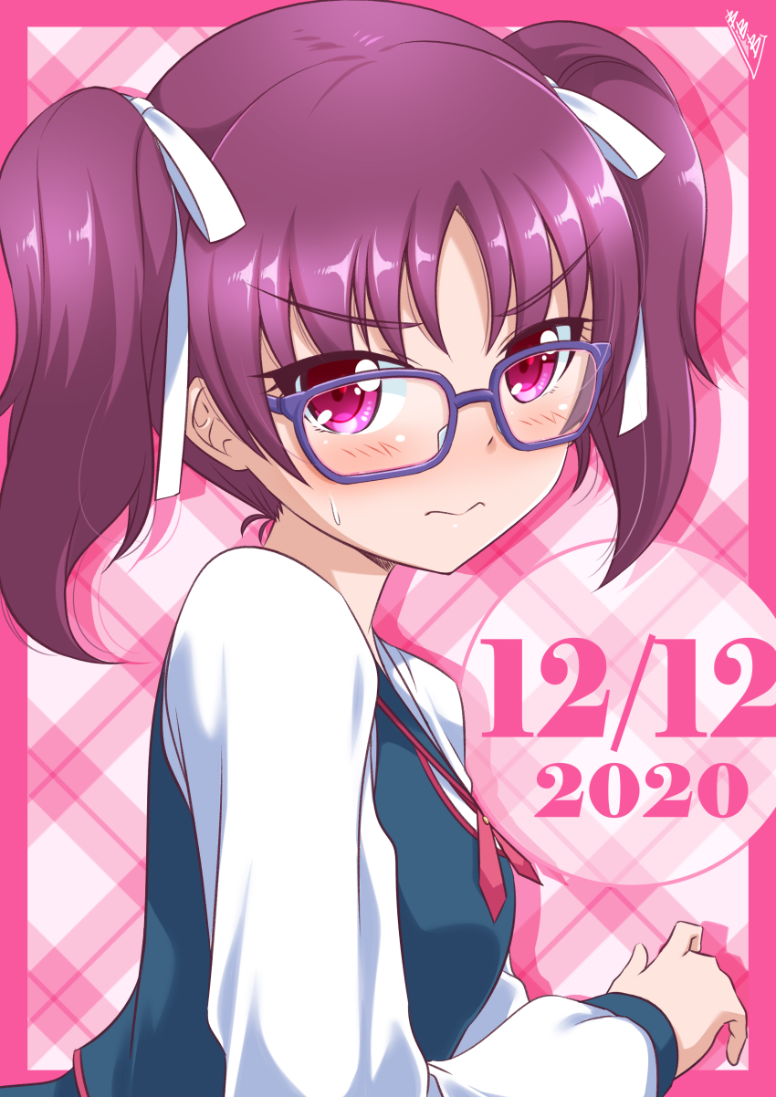 1girl absurdres birthday blush breasts bunji commentary dated embarrassed glasses highres kazuno_leah long_hair long_sleeves looking_at_viewer love_live! love_live!_sunshine!! pink_eyes purple-framed_eyewear purple_hair school_uniform seisen_school_uniform signature small_breasts solo sweatdrop twintails upper_body