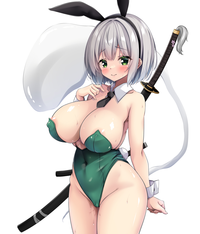 1girl animal_ears areola_slip blush breasts closed_mouth covered_erect_nipples detached_collar ghost goin green_eyes green_leotard grey_hair highres konpaku_youmu konpaku_youmu_(ghost) large_breasts leotard looking_at_viewer playboy_bunny rabbit_ears sakamina short_hair simple_background smile solo sword sword_behind_back touhou variant_set weapon white_background wrist_cuffs