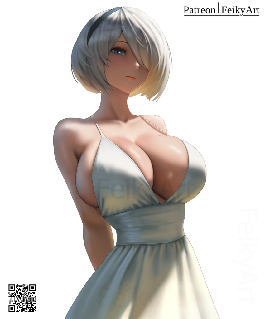 1girl 2b_(nier:automata) alternate_breast_size arms_behind_back black_hairband blue_eyes breasts cleavage closed_mouth commentary dress english_commentary feikyart grey_hair hair_over_one_eye hairband highres huge_breasts looking_at_viewer nier:automata nier_(series) patreon_username short_hair sleeveless sleeveless_dress solo upper_body white_background white_dress