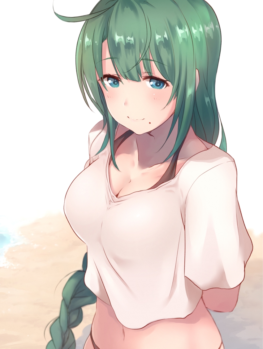 10s 1girl absurdres arms_behind_back beach bikini bikini_under_clothes black_bikini blue_eyes braid breasts cleavage closed_mouth crop_top dyson_(edaokunnsaikouya) green_hair highres kantai_collection long_hair medium_breasts mole mole_under_mouth navel outdoors single_braid smile solo swimsuit underwear very_long_hair yuugumo_(kancolle)