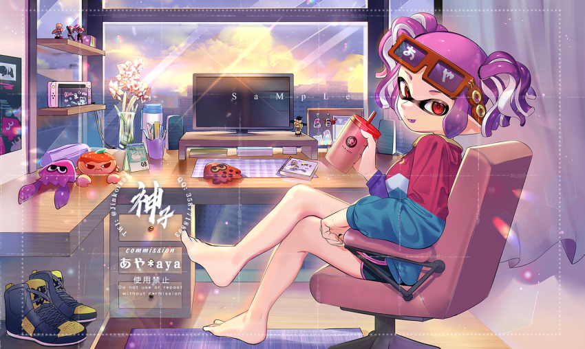 1girl :p amiibo artist_name barefoot black_shorts blue_jacket closed_mouth colored_tongue commentary commission commissioner_name crossed_legs cup disposable_cup dolphin_shorts drinking_straw eyewear_on_head full_body highres holding holding_cup indoors inkling inkling_girl inkling_player_character jacket jinkoika long_sleeves looking_at_viewer multicolored_clothes multicolored_jacket nintendo nintendo_switch on_chair pink_jacket pointy_ears purple_hair purple_jacket purple_tongue red-framed_eyewear red_eyes sample_watermark short_hair short_twintails shorts sidelocks sitting smile solo splatoon_(series) sunglasses symbol-only_commentary tentacle_hair tongue tongue_out twintails unworn_footwear watermark