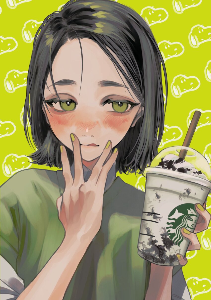 1boy black_hair blush collared_shirt commentary_request cup drink drinking_straw forehead green_eyes green_shirt hand_on_own_face hands_up highres holding holding_cup holding_drink inukai_(inusuki_oc) licking medium_hair original parted_lips patterned_background shirt short_sleeves starbucks starbucks_siren tongue tongue_out white_sleeves