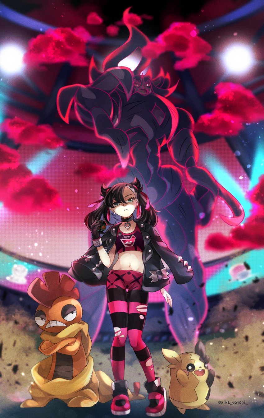 1girl black_choker black_gloves black_hair black_jacket choker closed_mouth creatures_(company) dusk_ball dust_cloud dynamax_band ear_piercing full_body game_freak gen_5_pokemon gen_8_pokemon gigantamax gigantamax_grimmsnarl gloves green_eyes grimmsnarl hair_ribbon highres holding holding_poke_ball jacket jacket_on_shoulders looking_at_viewer marnie_(pokemon) morpeko morpeko_(full) navel nintendo pants pendant_choker piercing pink_ribbon poke_ball pokemon pokemon_(creature) pokemon_swsh ribbon rubble scrafty single_glove smoke sports_bra stadium taut_clothes thigh_gap torn_clothes torn_pants two_side_up yomogi_(black-elf)