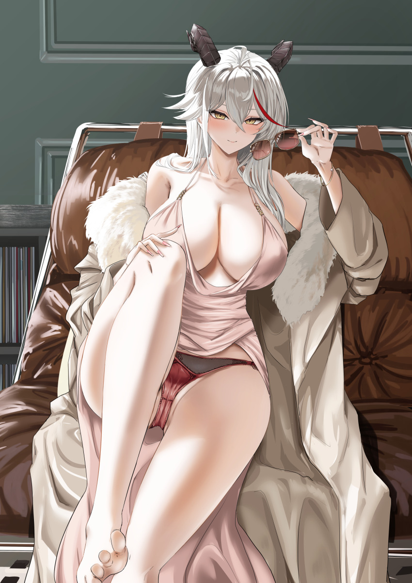 1girl absurdres aegir_(azur_lane) aegir_(one-on-one_leisure_time)_(azur_lane) azur_lane barefoot black_horns black_panties blush bookshelf bracelet breasts brown-tinted_eyewear brown_coat cleavage closed_mouth coat collarbone commentary_request couch cowl_neck crotch dragon_girl dragon_horns dress earrings evening_gown feet fingernails fur-trimmed_coat fur_trim grey_coat hand_on_own_knee highres holding holding_removed_eyewear horns indoors jacket jewelry large_breasts long_fingernails long_hair multicolored_hair nikomiudon_06 official_alternate_costume open_mouth panties pearl_earrings pink_dress plunging_neckline record_jacket red_hair ring sitting smile solo sparkle streaked_hair sunglasses sweater_jacket thighhighs thighs tinted_eyewear toes underwear unworn_eyewear white-framed_eyewear white_hair yellow_eyes