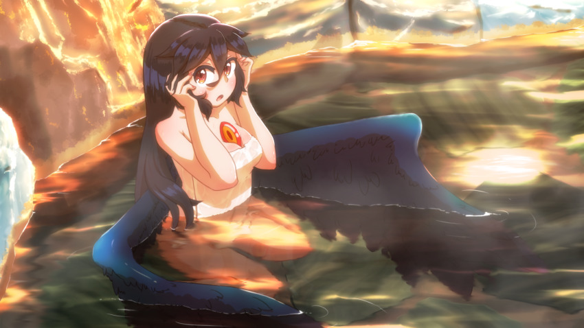 1girl bath bathing bird_wings black_hair black_wings blush breasts commentary_request convenient_arm covering_privates full_body hair_between_eyes highres large_breasts long_hair looking_at_viewer naked_towel nude nude_cover onsen open_mouth reiuji_utsuho sitting solo tat_rous third_eye touhou towel wariza water wet wet_clothes wings